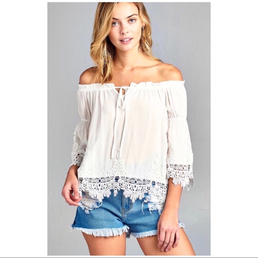 Off White 3/4 Sleeve With Crochet Trim Top